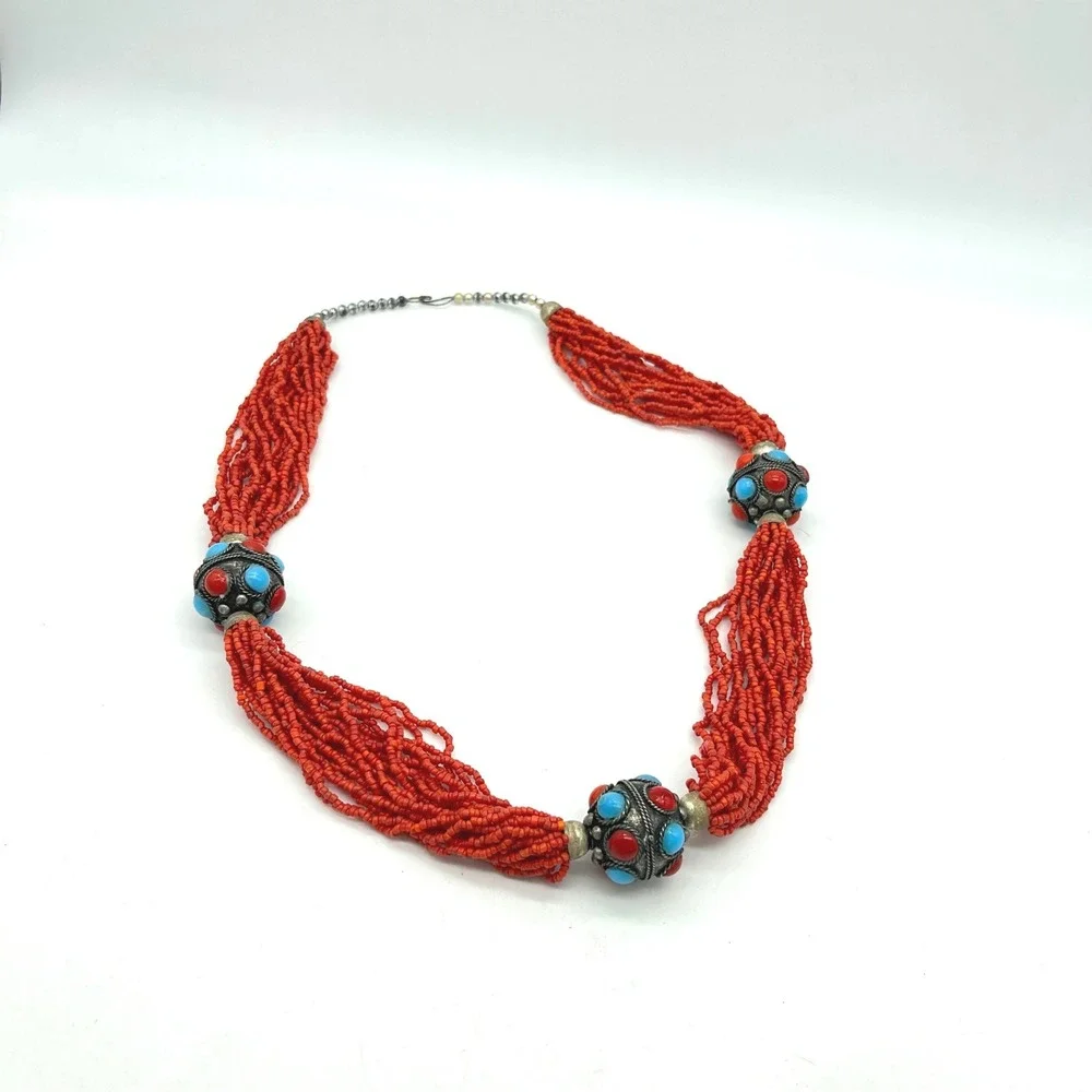 Vintage Multi Strand Red‎ Seed Bead Necklace Turquoise Filigree Statement 26in